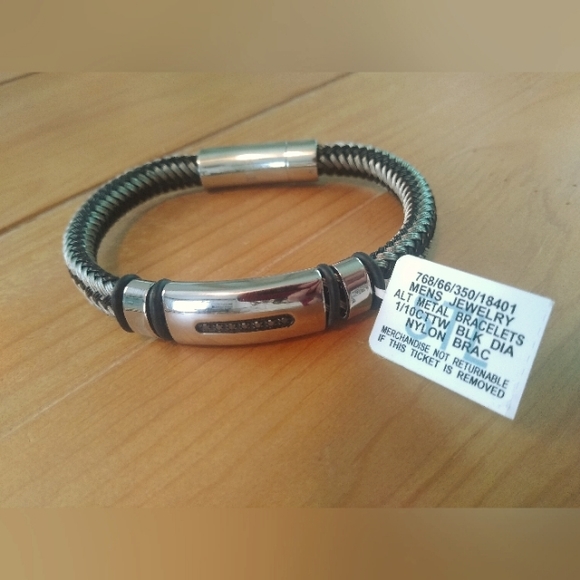Macy's Other - Men's 1/10 CTTW Black Diamond Nylon Bracelet Silver Tone Stainless Steel NWT